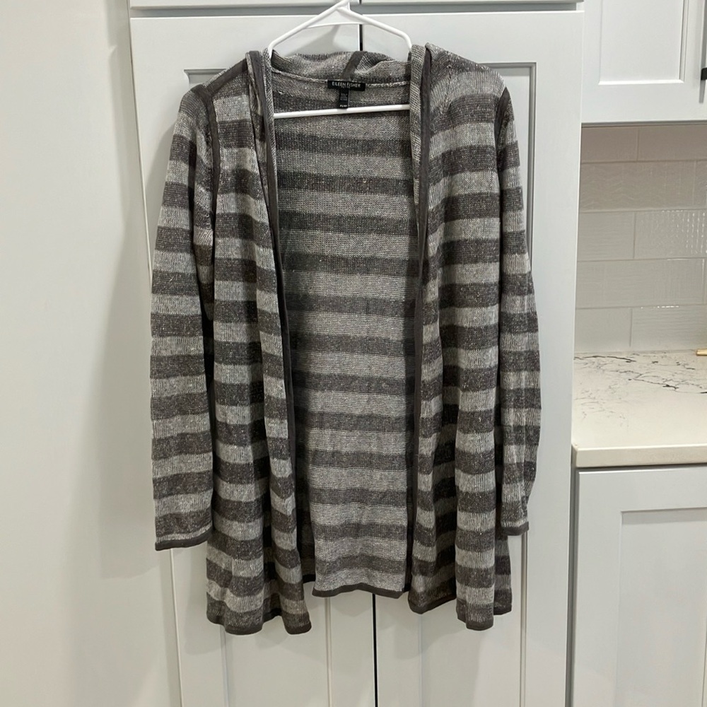 Eileen Fisher Women's Gray White Organic Linen Hooded Striped Cardigan Sweater